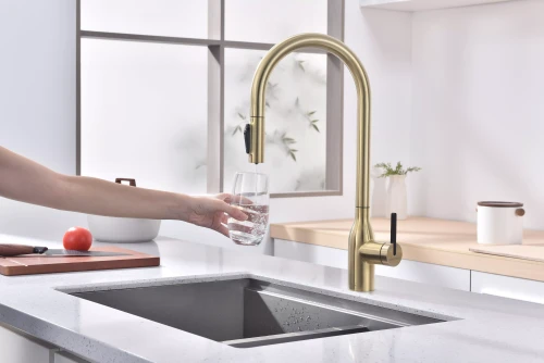 Смеситель UNIVERSAL с подключением к фильтру для воды с вытяжным шлангом светлое золото