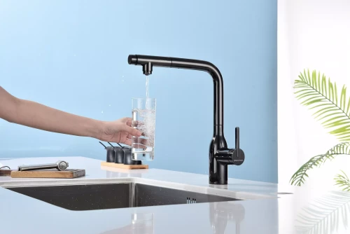 Смеситель с подключением к фильтру для воды с выдвижным изливом Paulmark Viper Глянцевый чёрный Gb