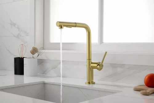 Смеситель Paulmark Neo латунный с поворотным изливом Брашированное золото BG