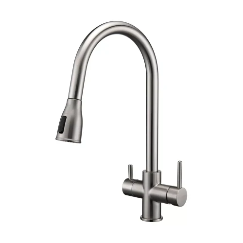 Смеситель латунный LANGE с подключением к фильтру для воды с выдвижной лейкой Брашированная сталь