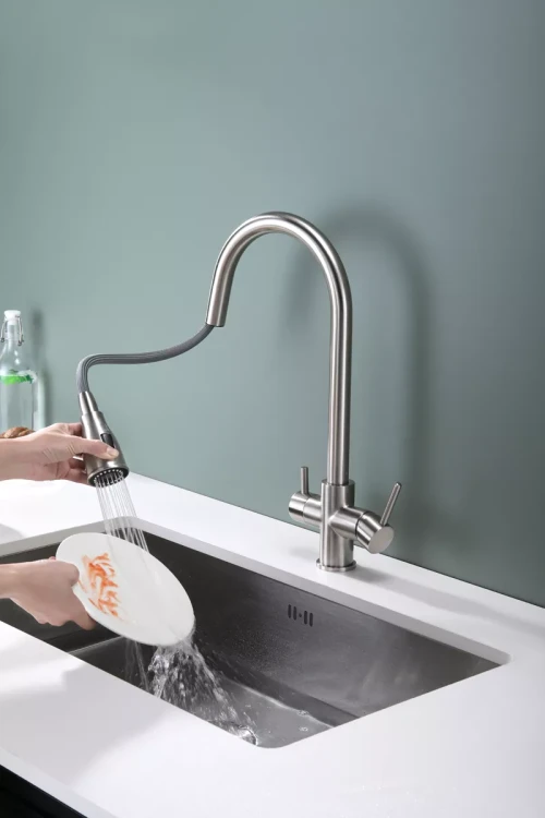 Смеситель латунный LANGE с подключением к фильтру для воды с выдвижной лейкой Брашированная сталь