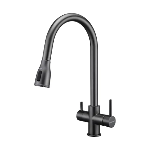 Смеситель латунный LANGE с подключением к фильтру для воды с выдвижной лейкой Вороненая сталь GM