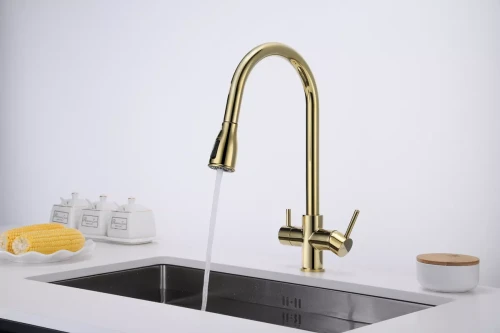 Смеситель латунный LANGE с подключением к фильтру для воды с выдвижной лейкой Золото G