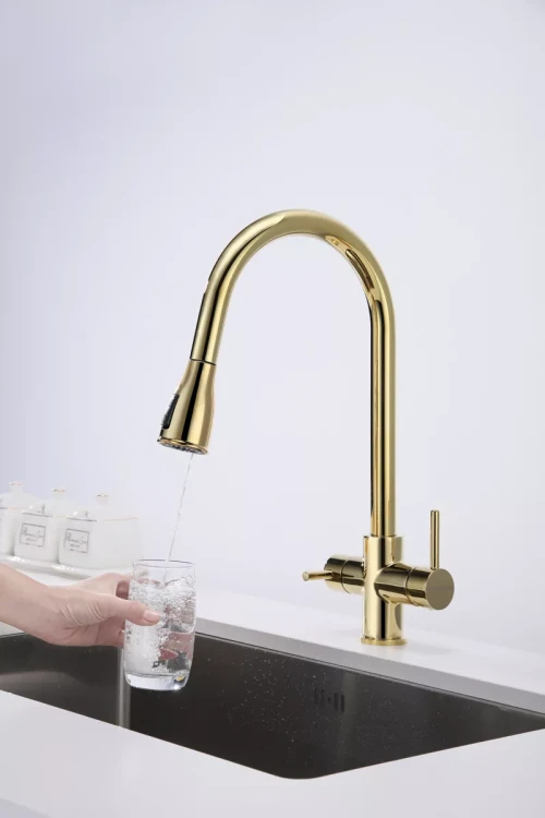 Смеситель латунный LANGE с подключением к фильтру для воды с выдвижной лейкой Золото G