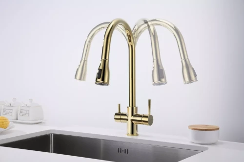 Смеситель латунный LANGE с подключением к фильтру для воды с выдвижной лейкой Золото G