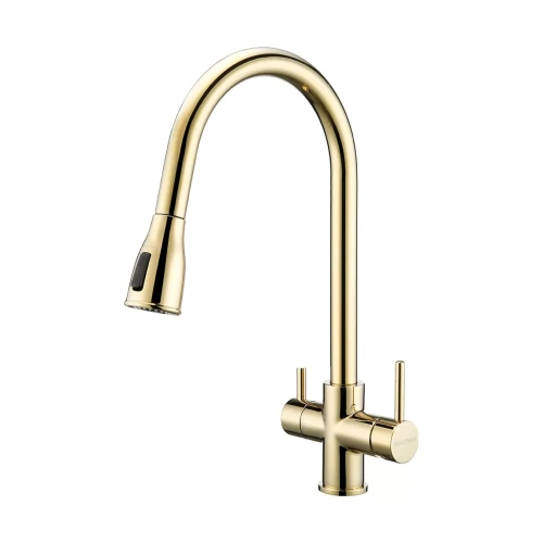 Смеситель латунный LANGE с подключением к фильтру для воды с выдвижной лейкой светлое золото