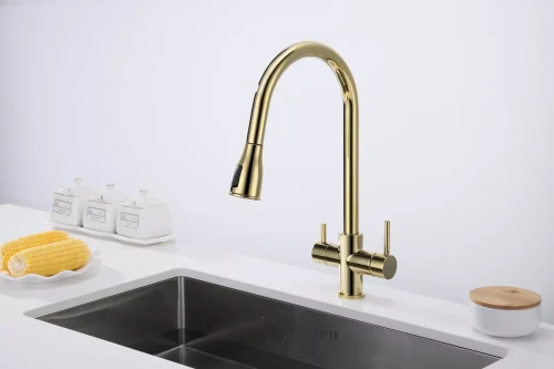 Смеситель латунный LANGE с подключением к фильтру для воды с выдвижной лейкой Золото G