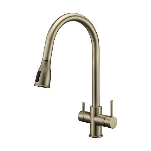 Смеситель латунный LANGE с подключением к фильтру для воды с выдвижной лейкой Бронза BR