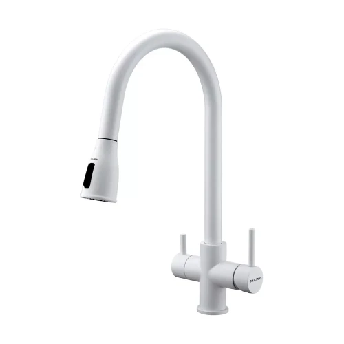 Смеситель латунный LANGE с подключением к фильтру для воды с выдвижной лейкой Белый матовый WH