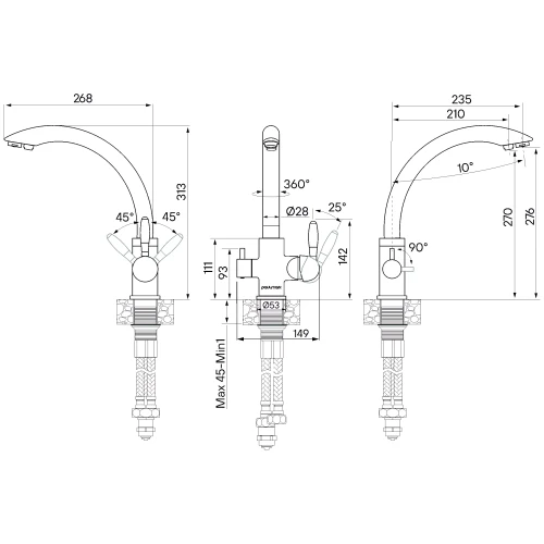 Смеситель из латуни Paulmark Essen с подключением к фильтру для питьевой воды Серый (310)