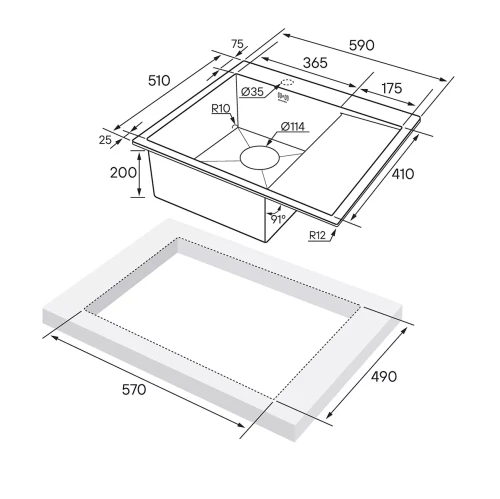 Кухонная мойка KRONER 59F из нержавеющей стали врезная Вороненая сталь GM