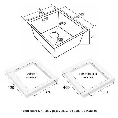 Кухонная мойка YUNI 39 UNI встраиваемая Матовый черный