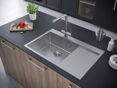 Кухонная мойка KRONER 78F из нержавейки с крылом Брашированная сталь