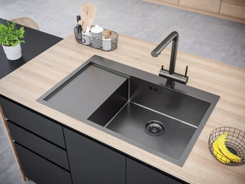 Кухонная мойка KRONER 78F из нержавейки с крылом Вороненая сталь GM