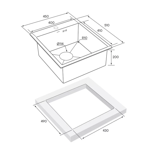 Кухонная мойка KRONER 45 из нержавеющей стали врезная Вороненая сталь GM