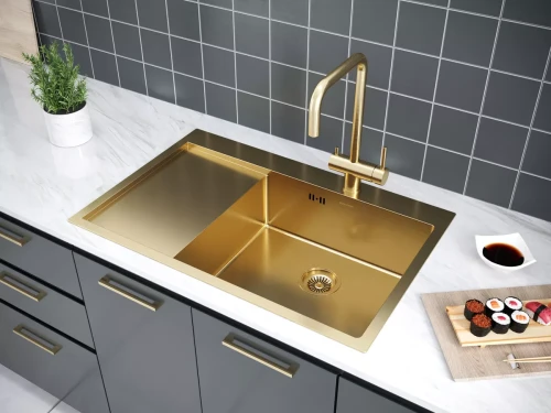 Кухонная мойка KRONER 78F из нержавейки с крылом Брашированное золото BG
