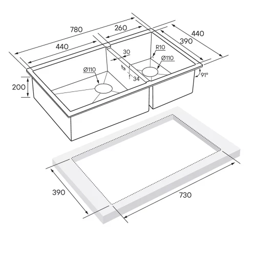 Кухонная мойка                GERBERG 78/2S UNI Брашированная сталь